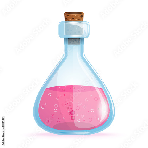 Jar of magic pink liquid. Potion bottle. Vector illustration