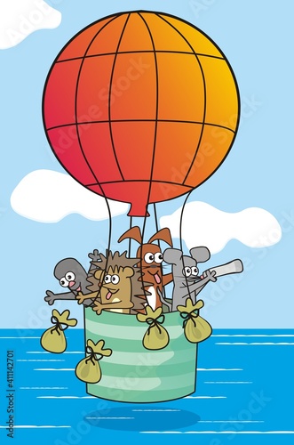 animals flying in a balloon, fairy tale, humorous vector illustration photo