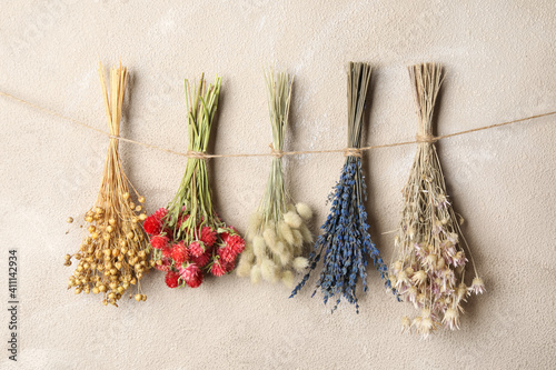 Bunches of beautiful dried flowers hanging on rope near light grey wall