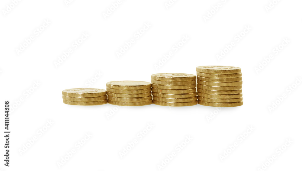 Stacked coins on white background. Investment concept Stacked coins on white background. Investment concept