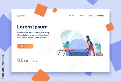Housewife cleaning home with vacuum cleaner. Sofa, house, room flat vector illustration. Household and housekeeping concept for banner, website design or landing web page
