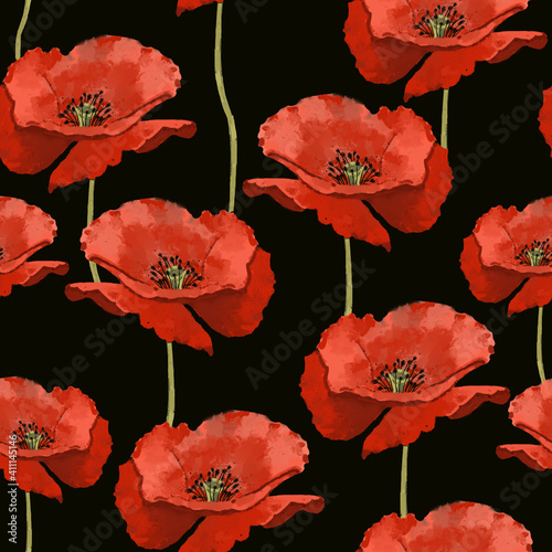 Seamless pattern with wild red poppies. Poppy flowers. Seamless background pattern of poppy flowers.