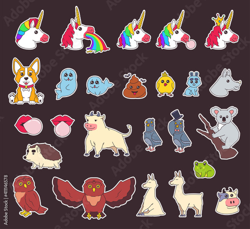 Set cute animals, birds and other pop stickers