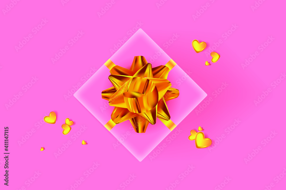 Happy Valentine's day background. Pink gift box with golden row and golden confetti Happy Valentine's day background. Pink gift box with golden row and golden confetti