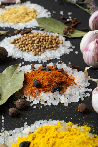 Spices and seeds served  in salt spoon at black background. seasonings, Colorful natural meal additives. healthy food concept.  close up photo