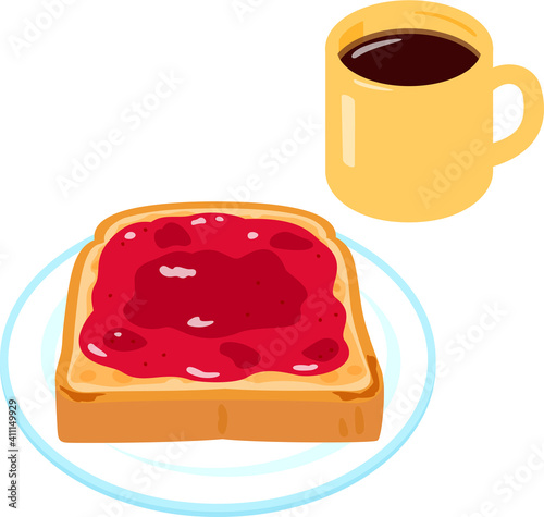 イチゴジャムを塗ったトーストとコーヒー