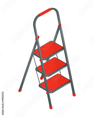 Isometric vector illustration metal and plastic foldable stepladder with wide steps isolated on white background. Realistic colorful household aluminum step ladder icon in flat cartoon style.