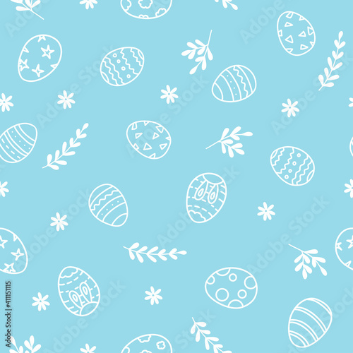 Pattern with Easter eggs and willow twigs. Vector illustration. White outline on a blue background.