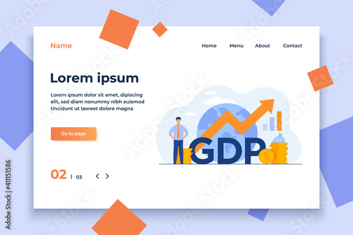 Gross domestic product concept. Growth arrow chart with globe, stacks of money, happy tiny professional. Flat illustration for national economy, monetary policy, global finance topics