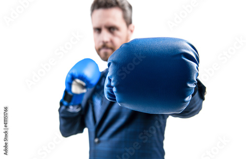 I punch hard. Businessman wear boxing gloves selective focus. Punch is my power photo