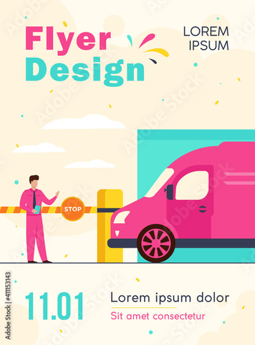 Parking lot security. Attendant standing at gate arm with stop sign for checking vehicles. Vector illustration for guard, automobile safety, transportation concept