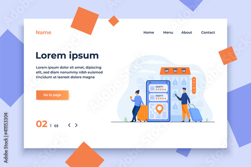 Happy tourists choosing hotel and booking room online flat vector illustration. People doing search or making choice of hostel and apartments via internet. Trip, vacation and accommodation concept