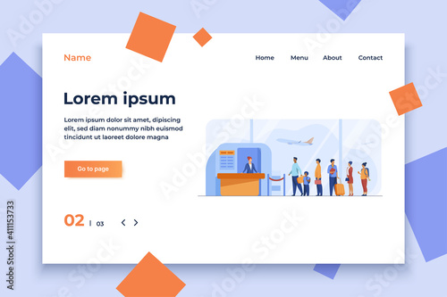 Airport queue vector illustration. Line of tourists standing at check in desk. Flight passengers waiting for boarding to plane in departure area