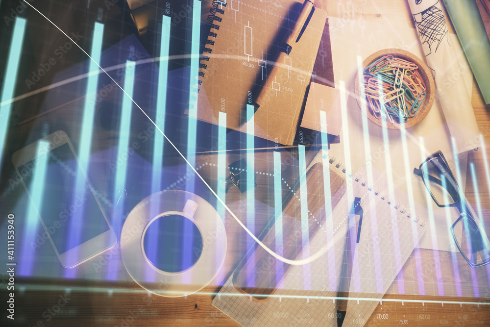 Double exposure of forex graph drawing and work table top veiw. Concept of financial analysis.