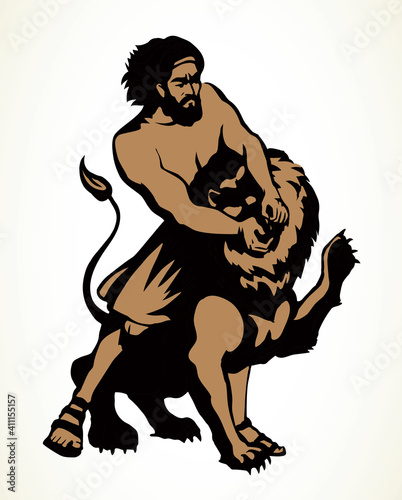 Samson fights a lion. Vector drawing