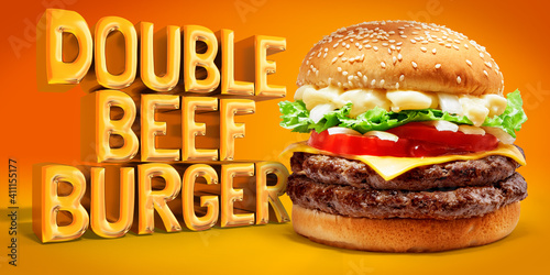 Delicious Double Beef Burger consists of Bun Bread, Patty, Pickle, Onion, Mayonaisse, Ketchup, Cheddar Cheese and lettuce in a yellow background, with interactive 3D text for Modern Fast Food Restaura