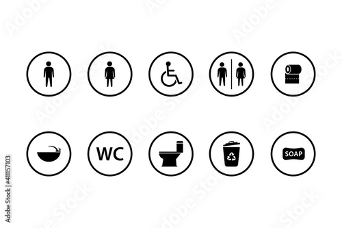 toilet sign vector icons set. boy or girl restroom wc. sink, tissue, wheel chair vector Illustration.