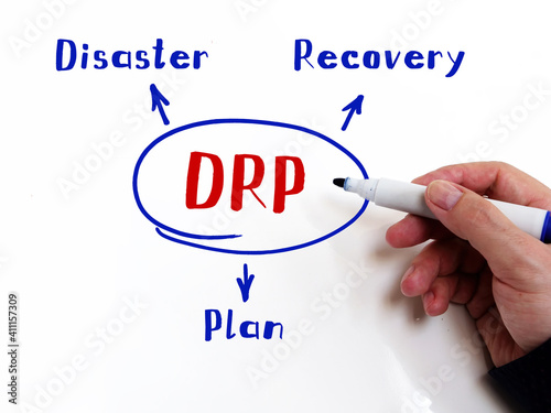  DRP Disaster Recovery Plan on Concept photo. Businessman writing with marker on an background. photo