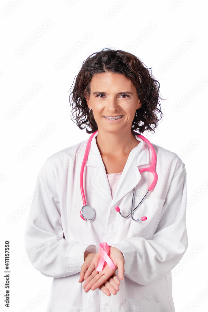Female doctor holding breast cancer ribbon Female doctor holding breast cancer ribbon