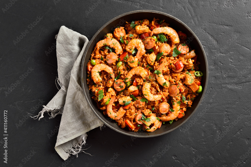 Jambalaya with chicken, smoked sausages and vegetables