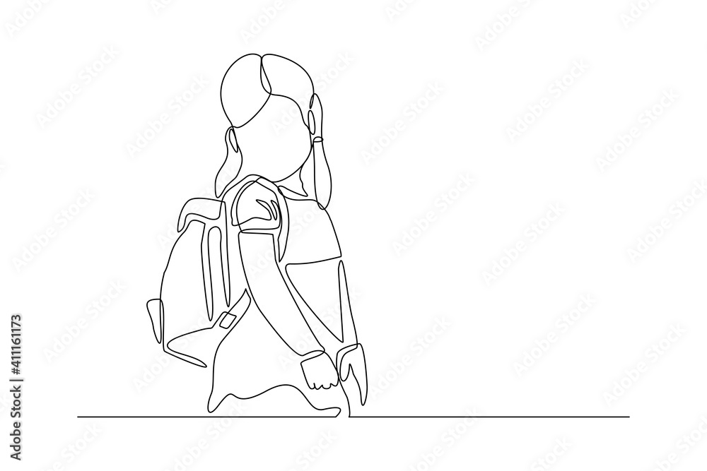 Continuous line drawing of little girl woman walking on the street. Concept of student person with bag go to school. Vector illustration Continuous line drawing of little girl woman walking on the street. Concept of student person with bag go to school. Vector illustration