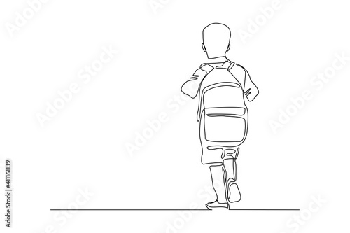 Continuous line drawing of little boy man walking on the street. Concept of student person with bag go to school. Vector illustration