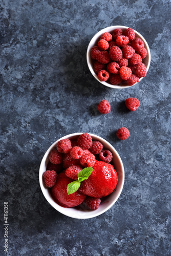 Raspberry sorbet, ice cream scoop