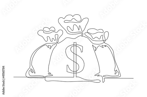 Continuous line drawing of money bag. Single one line art of finance bank money storage and investment. Vector illustration