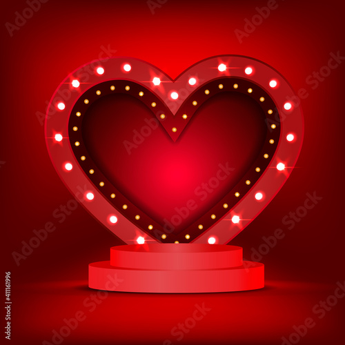 3d background template with the stage podium and Light bulbs vintage neon glow heart frame vector illustration EPS10.