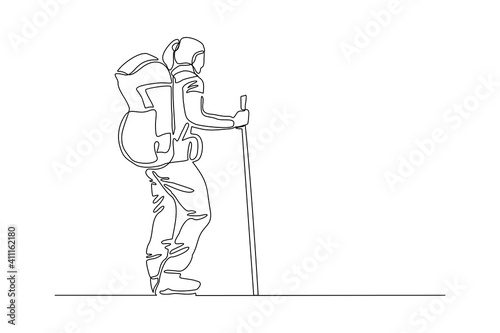 Continuous one line drawing of traveling people with backpack. Single one line art of woman success to hiking on top of mountain. Vector illustration