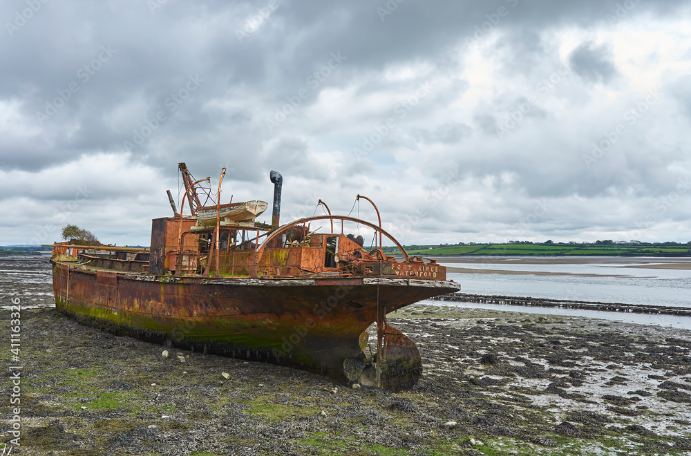 The Portlairge General Cargo Vessel lying beached in the silt of St Kieran's Quay, Ballycullane in County Wexford, Southern Ireland.