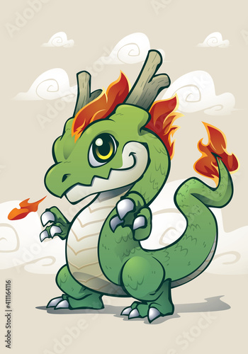 little cute and smart fire asian dragon mascot character standing pose