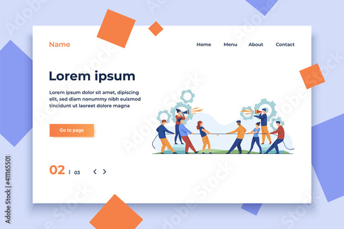 Group leaders shouting at megaphone. Teams playing tug-of-war, pulling rope with golden cup flat vector illustration. Competition, contest concept for banner, website design or landing web page