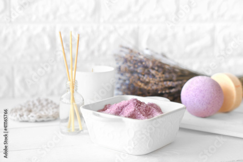 lavender as calming and soothing ingredient for bath soak, bubble bath bomb and scented candle. relaxing fragrance of lavender flowers for good sleep and relax. selective focus