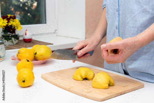 The hands of a woman with a knife cut a ripe quince into halves. Processing of the crop. Selective focus.