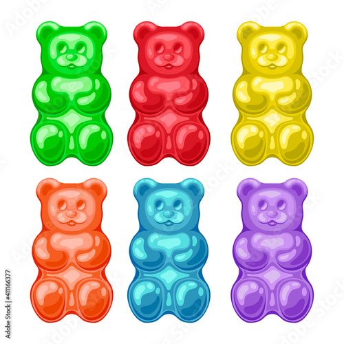 Jelly bears of different colors. Sweet, unhealthy, bad for the teeth food. Dessert, appetizer, children's food. Illustration in cartoon flat style. Isolated on a white background