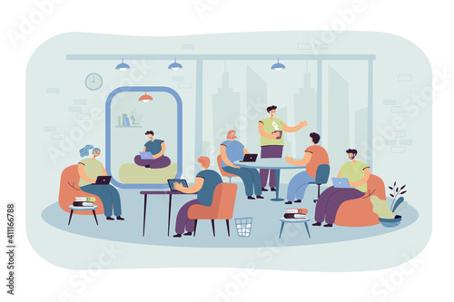 Office people using laptops and computers at workplaces in contemporary co-working interior. Vector illustration for business, teamwork, community, modern workspace concept