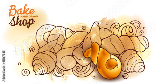 Buns and pastries hand drawn vector doodle colorful illustration