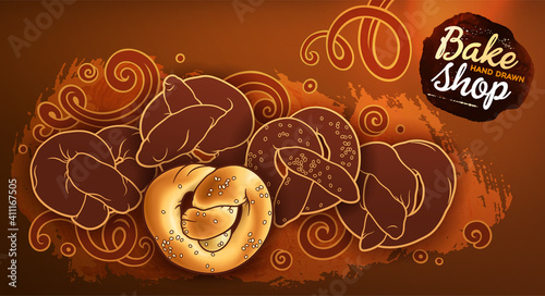 Buns and pastries hand drawn vector doodle colorful illustration.