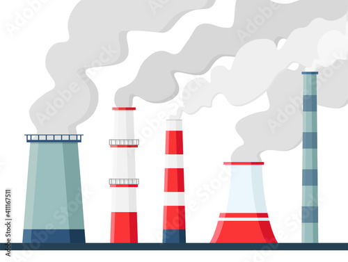 Factory air pollution. Environmental contamination carbon dioxide emissions. Toxic factories and plants with fumes or smog. Polluting chimneys vector illustration.