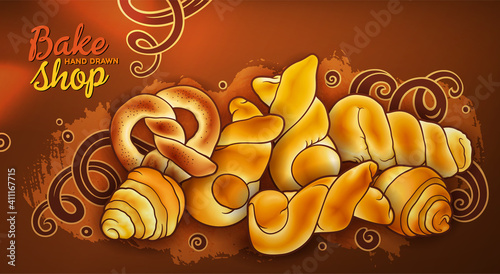 Buns and pastries hand drawn vector doodle colorful illustration.