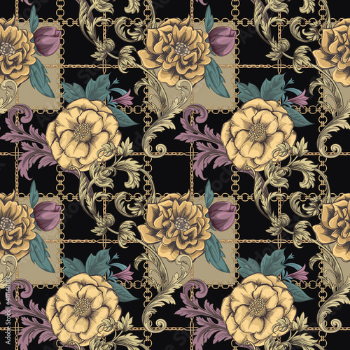 Wallpaper Mural Chic print with gold flowers and chains and baroque elements on a black background. Vintage vector ornament. Luxurious seamless pattern.  Torontodigital.ca