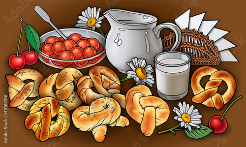 Buns, flowers, milk, napkins, berries hand drawn vector doodle illustration.
