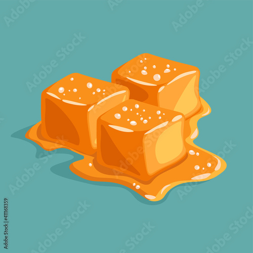 Piece of salted caramel isolated on blue background. Melted appetizing caramel cubes. Vector illustration.	