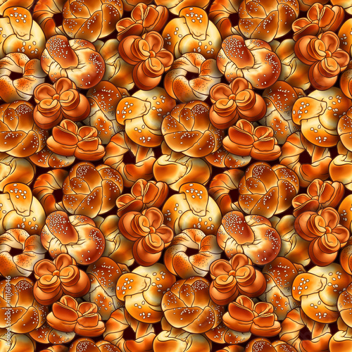 Pastries, buns, croissants seamless pattern