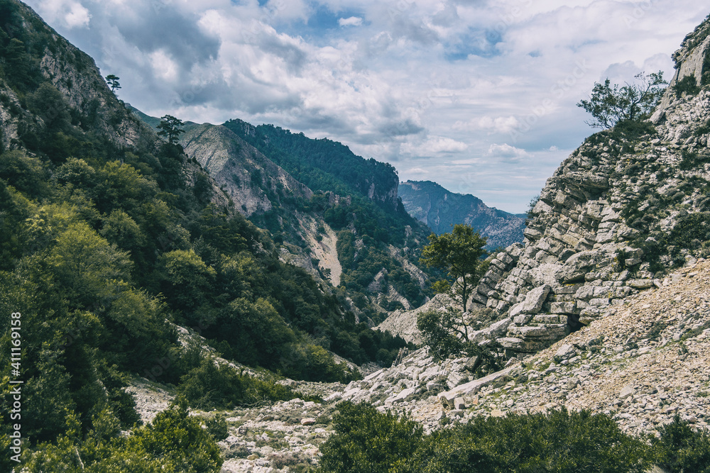 cloudy day in the mountains of the natural park of the ports, in tarragona (spain).