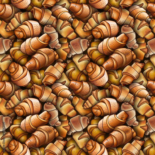 Pastries, buns, croissants seamless pattern