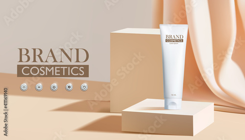 cosmetic product mock up on square podium cream color with silk background, cosmetics product as luxury beauty brand design.Realistic vector illustration .