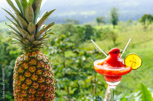 Cocktail with lemon and strawberry garnish next to a pineapple and with the forest in the background. photo