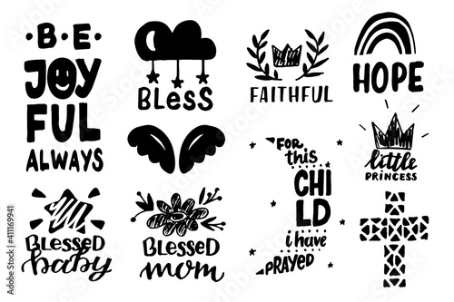 Set of 10 christian hand lettering baby icons .